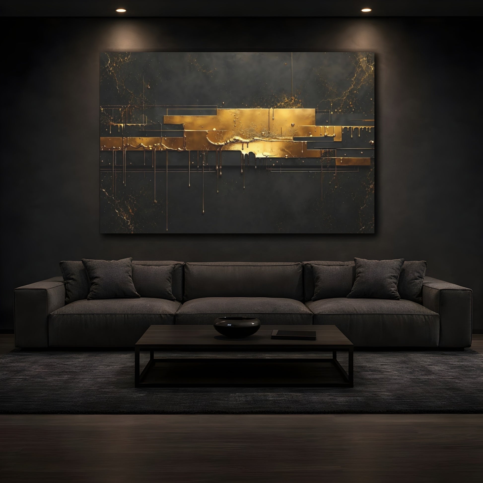 Mockup 3. Abstract Gold Abstract Black And Gold shown as stretched canvas wall art