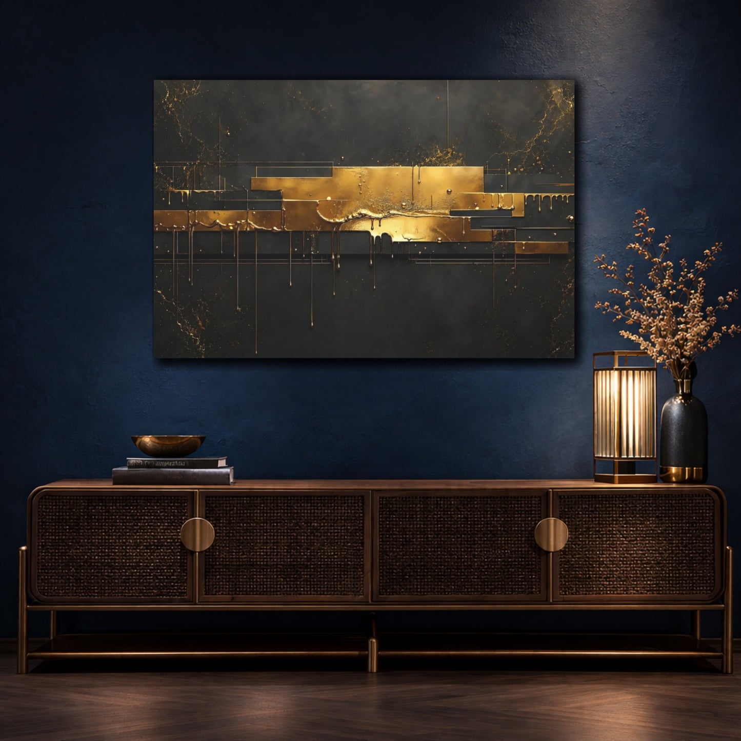 Mockup 4. Abstract Gold Abstract Black And Gold shown as stretched canvas wall art