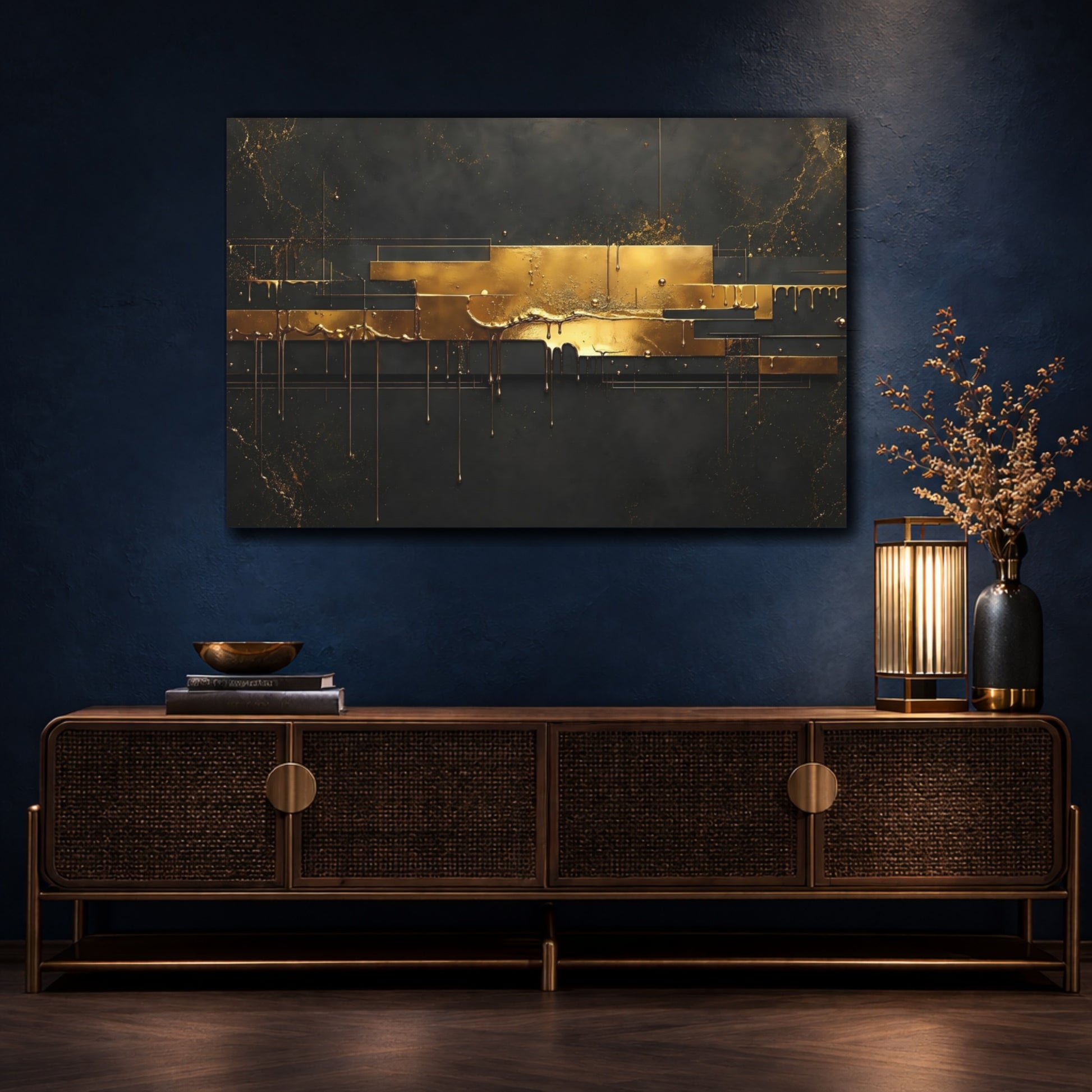 Mockup 4. Abstract Gold Abstract Black And Gold shown as stretched canvas wall art