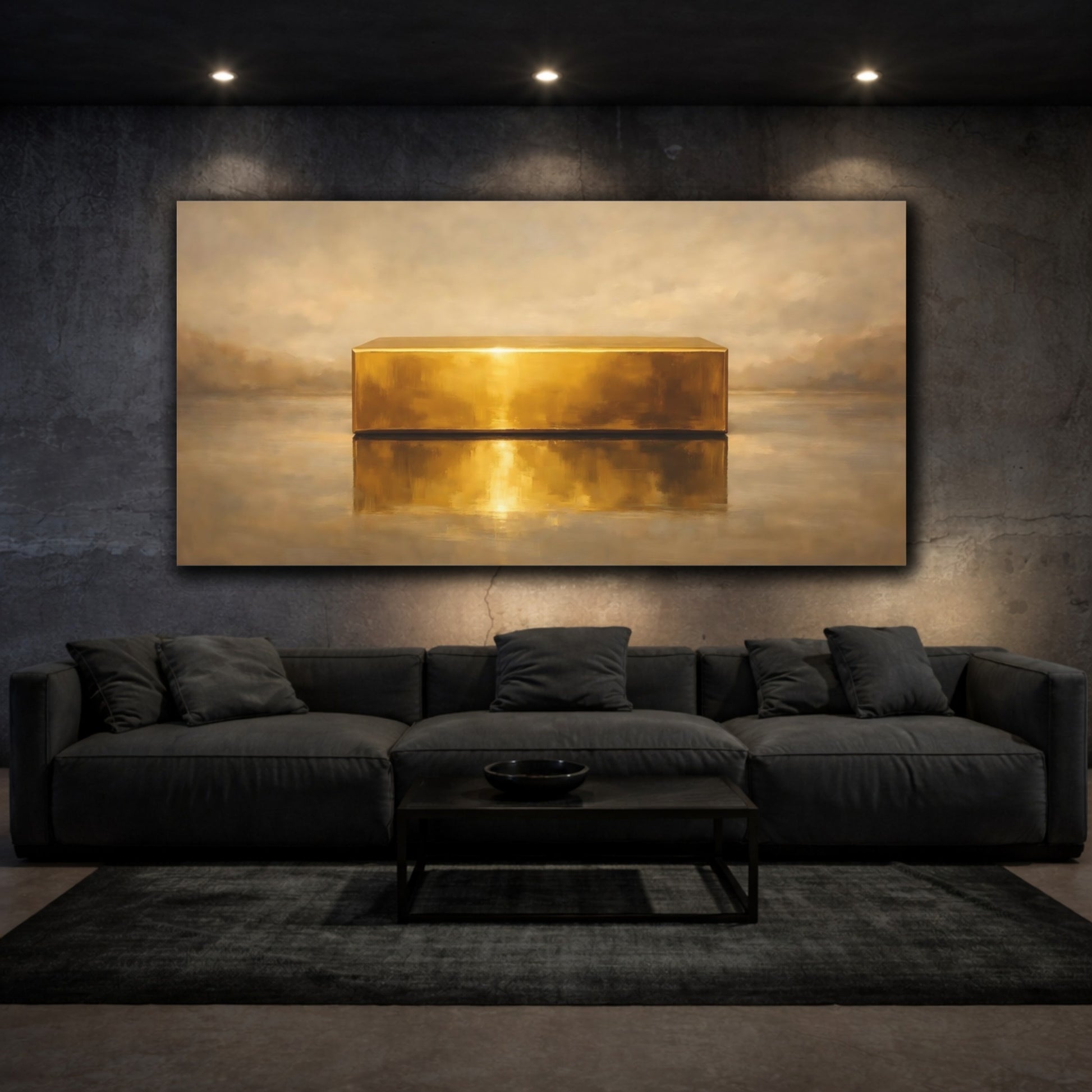 Mockup 2. Abstract Gold Bar Gold And Brown shown as stretched canvas wall art