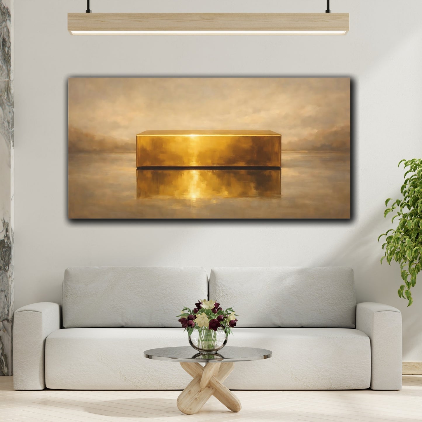 Mockup 3. Abstract Gold Bar Gold And Brown shown as stretched canvas wall art