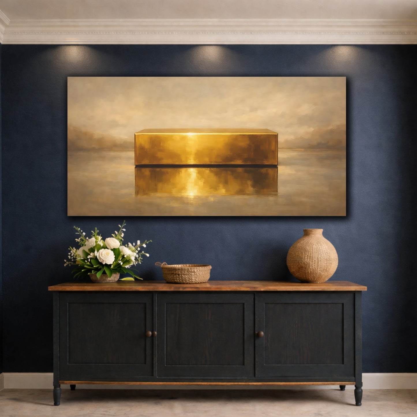 Mockup 4. Abstract Gold Bar Gold And Brown shown as stretched canvas wall art