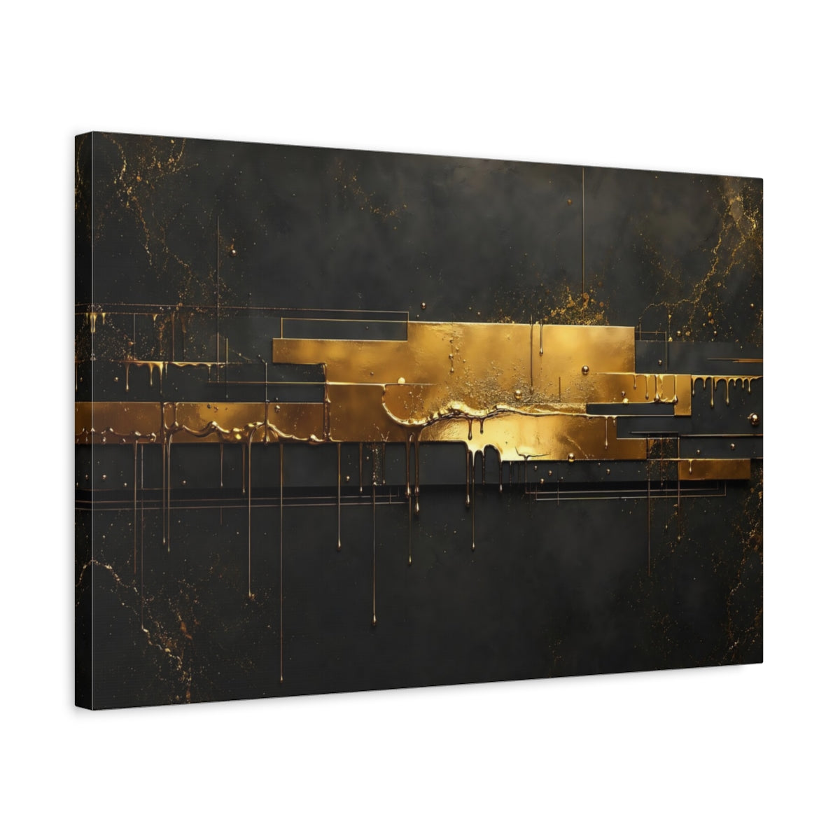 Side Mockup 3. Abstract Gold Abstract Black And Gold shown as stretched canvas wall art