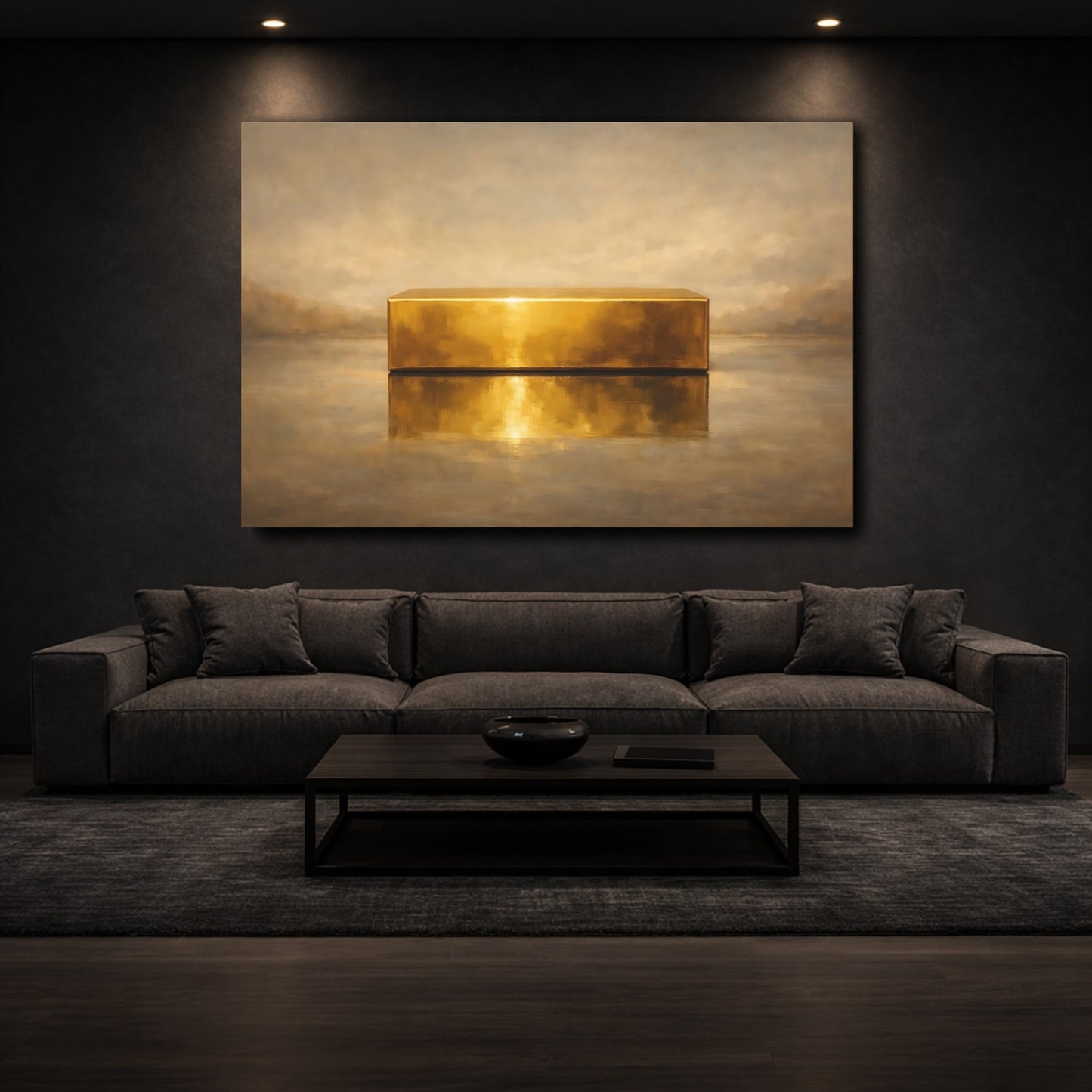 Mockup 2. Abstract Gold Block Gold And Beige shown as stretched canvas wall art