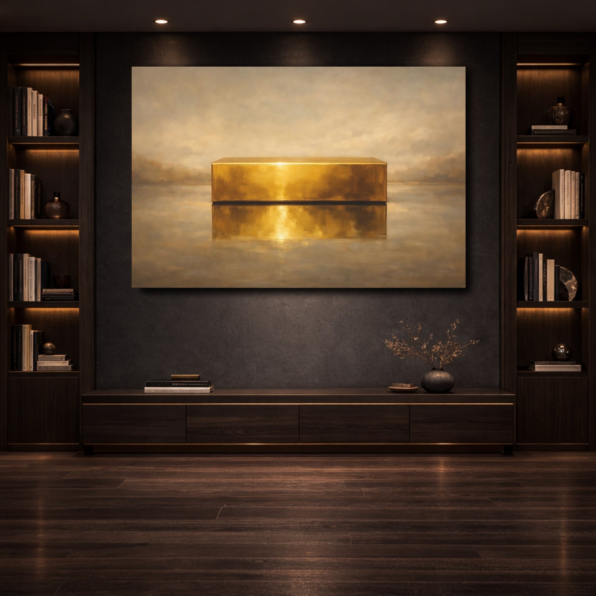 Mockup 3. Abstract Gold Block Gold And Beige shown as stretched canvas wall art