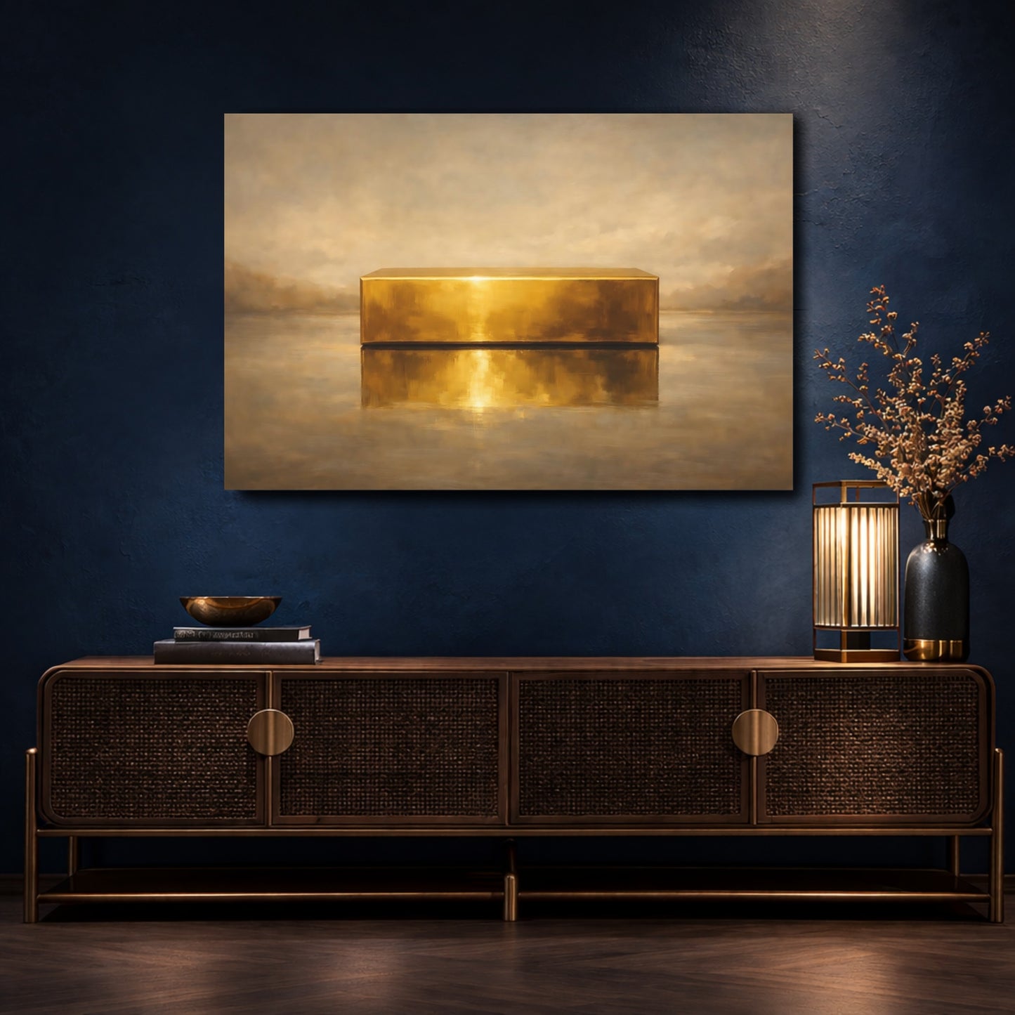 Mockup 4. Abstract Gold Block Gold And Beige shown as stretched canvas wall art