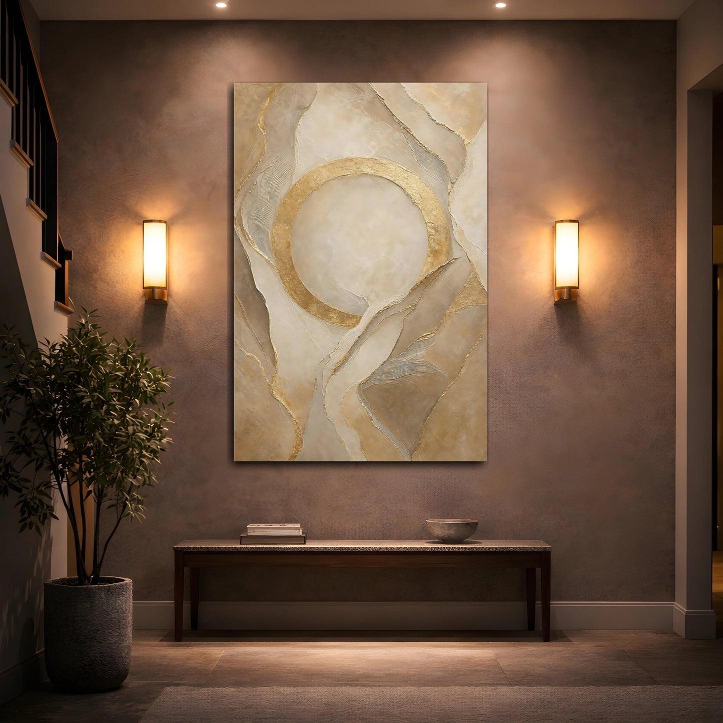 Abstract Gold Circle Beige And Canvas Print – Living Room, Above Couch, - YesArtYes