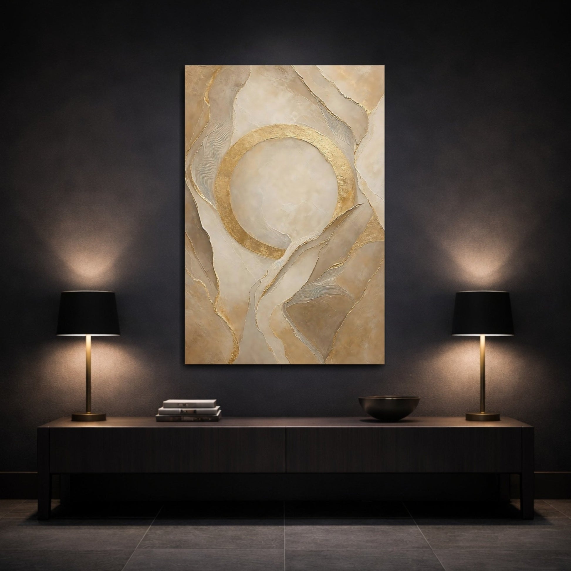 Abstract Gold Circle Beige And Canvas Print – Living Room, Above Couch, - YesArtYes