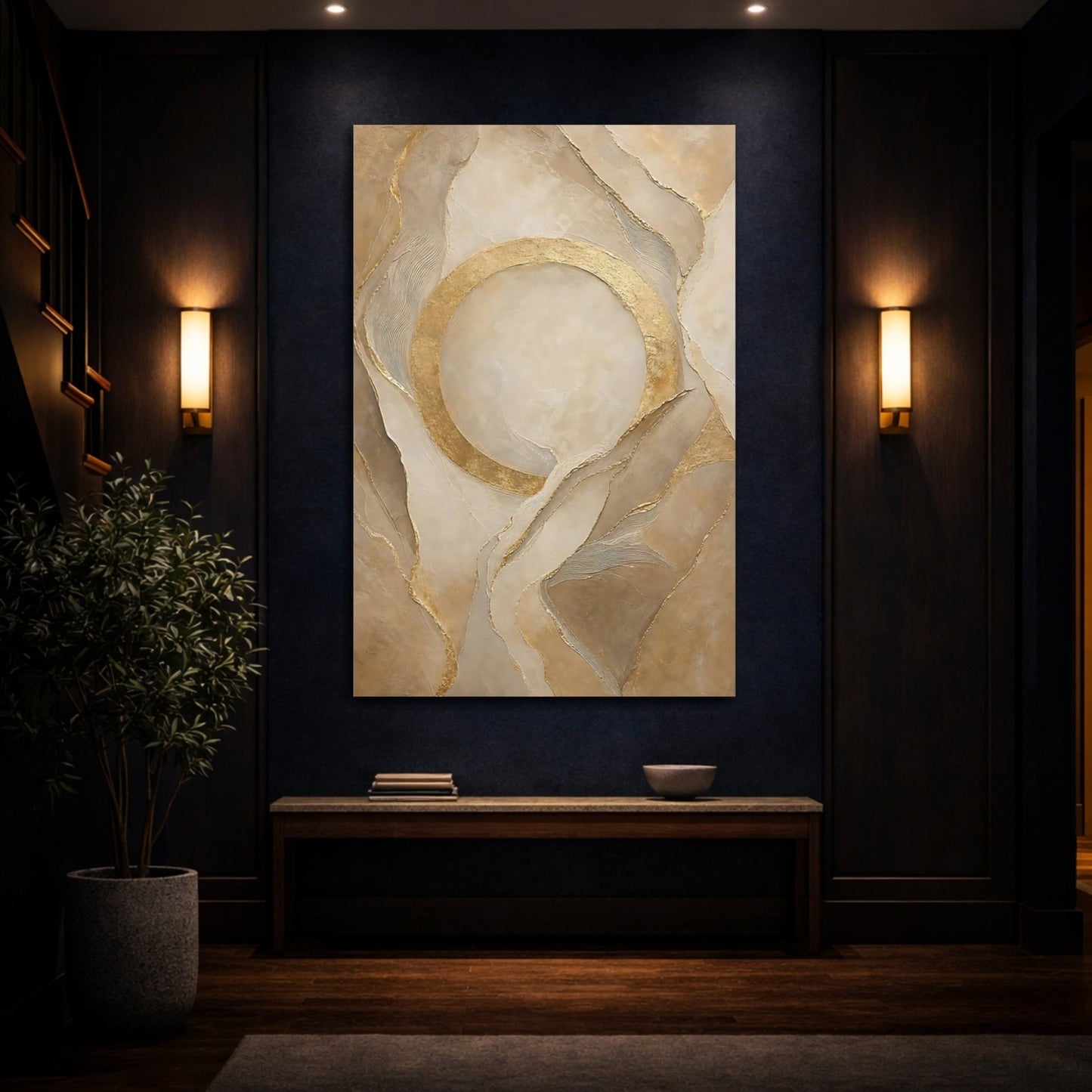 Abstract Gold Circle Beige And Canvas Print – Living Room, Above Couch, - YesArtYes