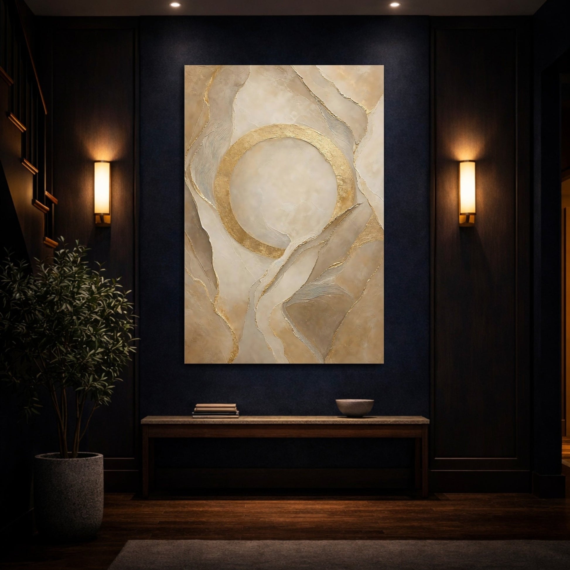 Abstract Gold Circle Beige And Canvas Print – Living Room, Above Couch, - YesArtYes
