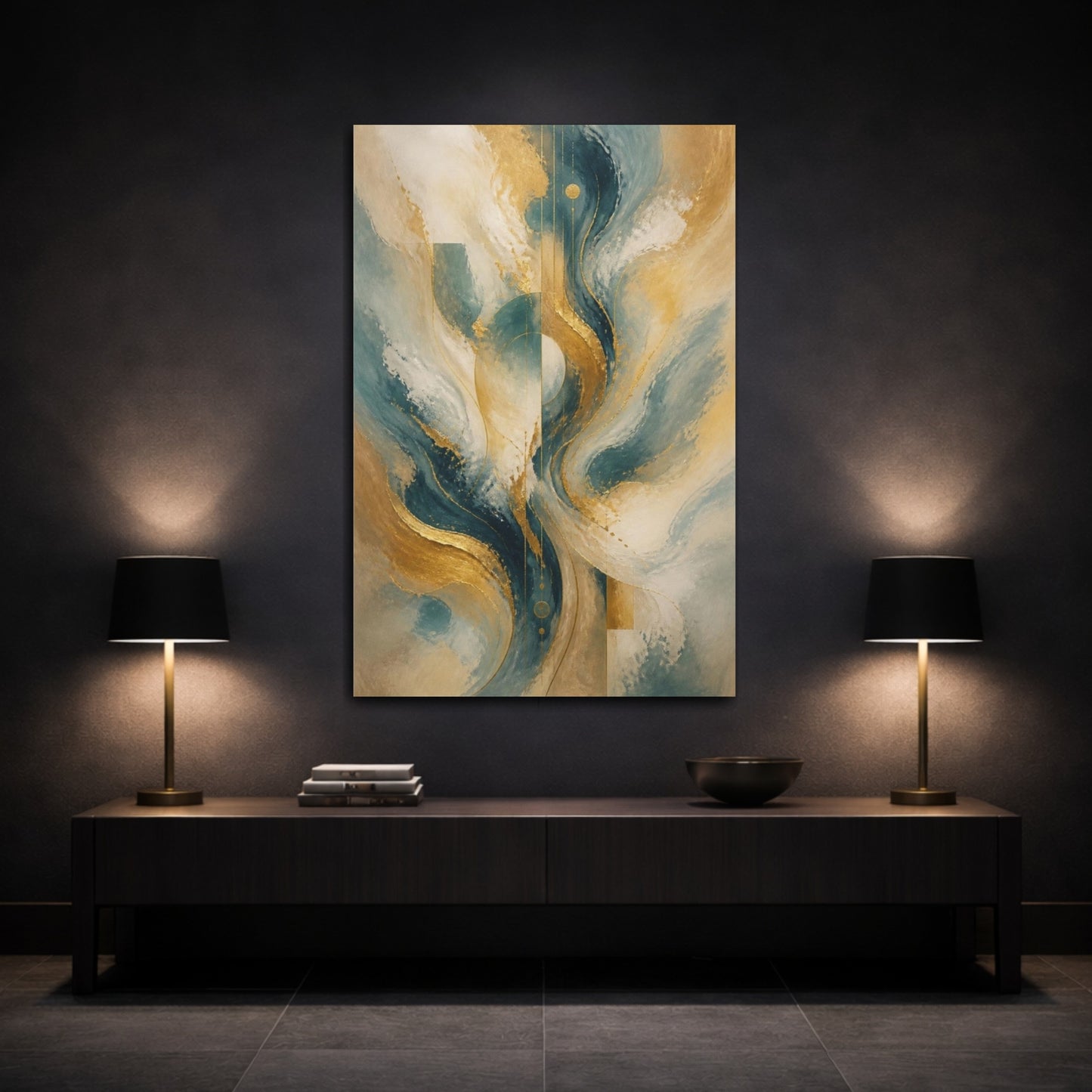 Mockup 3. Abstract Gold Circle shown as canvas print