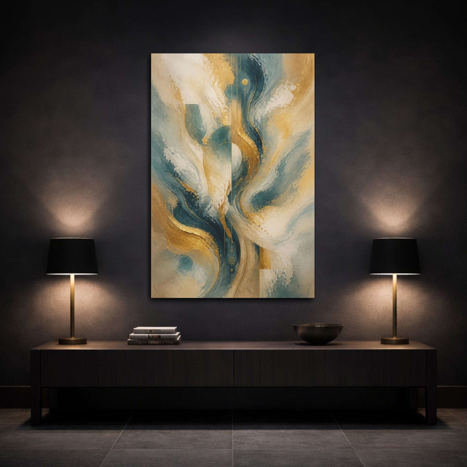 Mockup 3. Abstract Gold Circle shown as canvas print