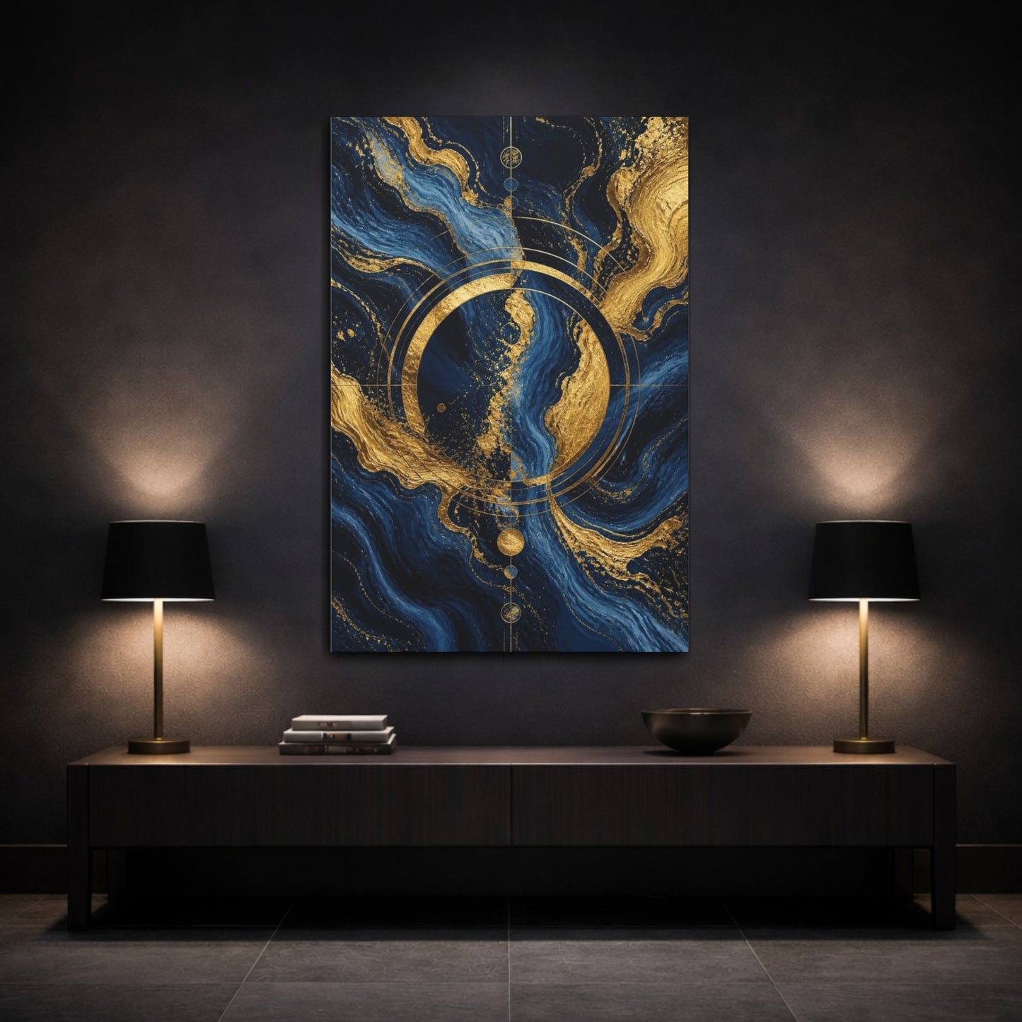 Mockup 3. Abstract Gold Circle shown as canvas print