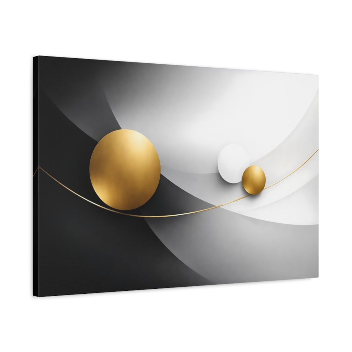 Side Mockup 2. Abstract Gold Circles Gold Black Abstract shown as stretched canvas wall art
