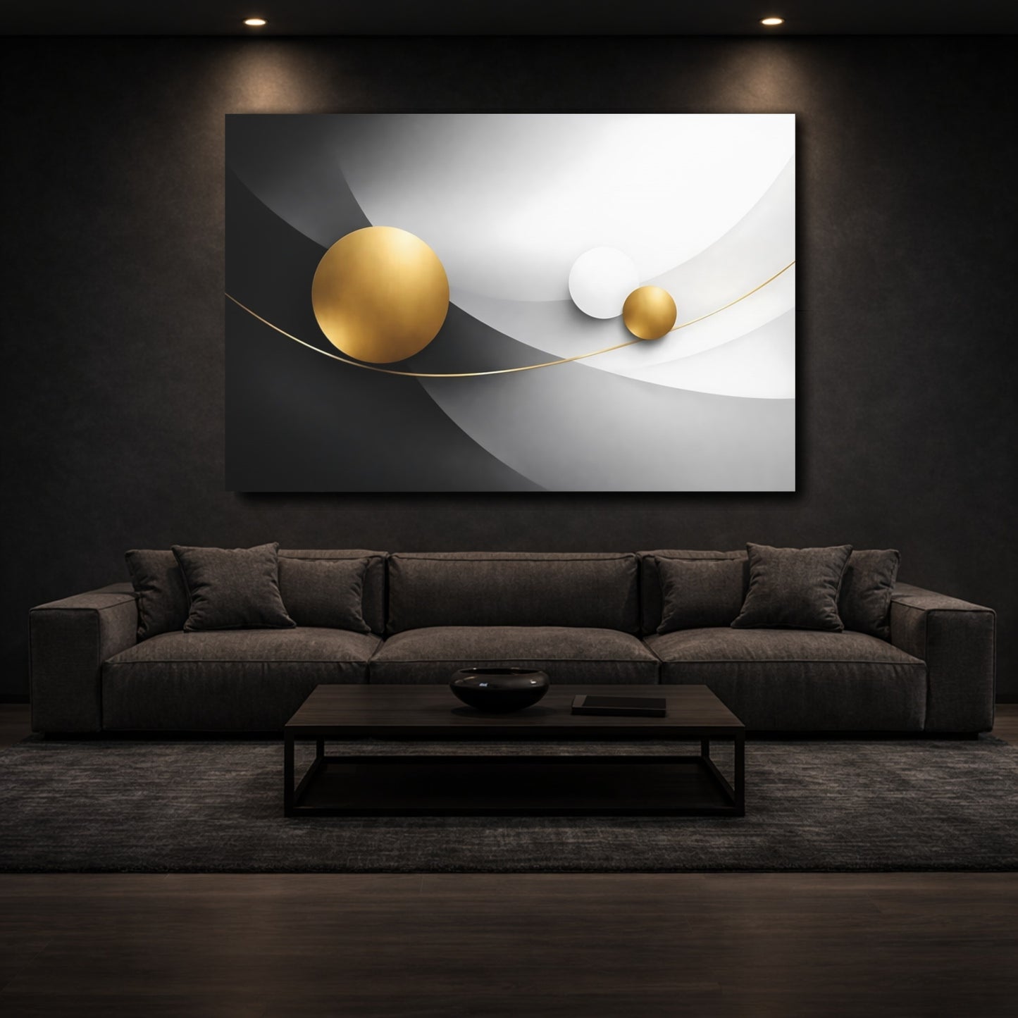 Mockup 2. Abstract Gold Circles Gold Black Abstract shown as stretched canvas wall art