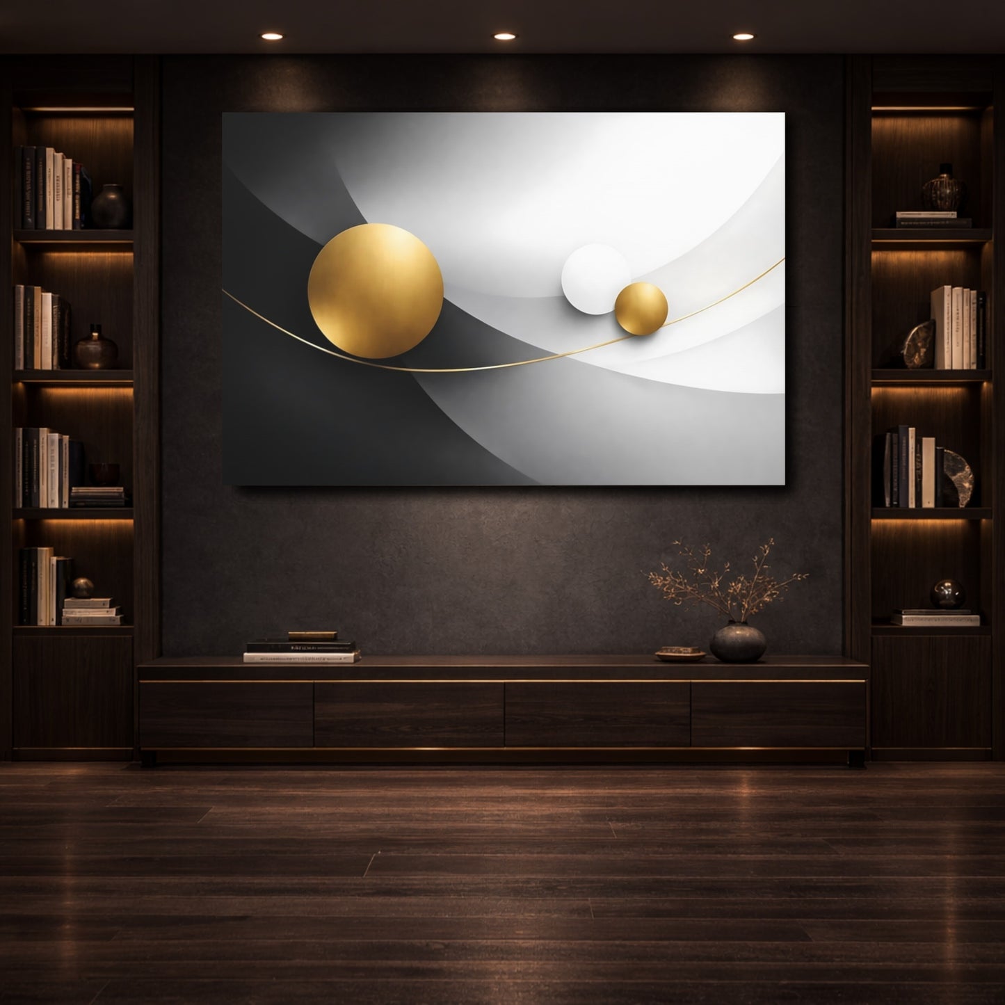 Mockup 3. Abstract Gold Circles Gold Black Abstract shown as stretched canvas wall art