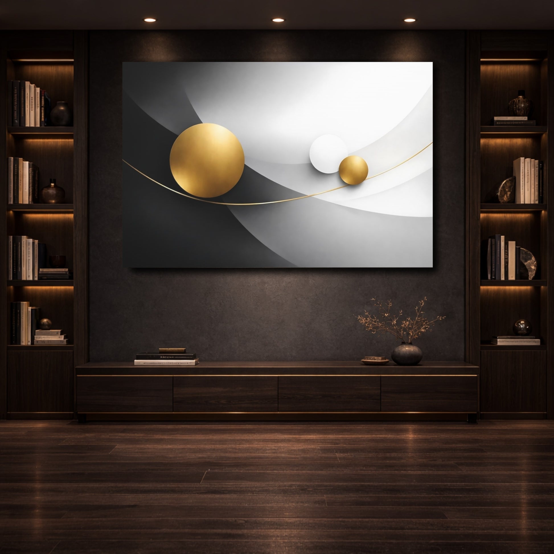 Mockup 3. Abstract Gold Circles Gold Black Abstract shown as stretched canvas wall art