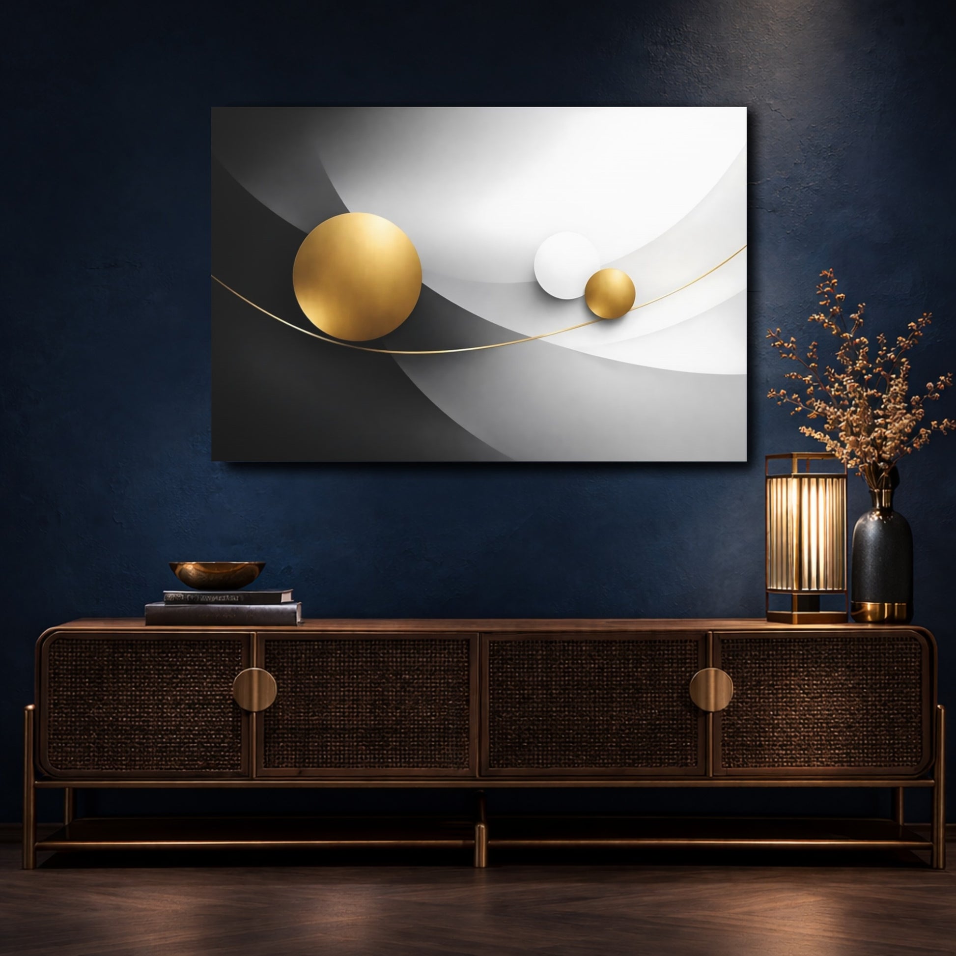 Mockup 4. Abstract Gold Circles Gold Black Abstract shown as stretched canvas wall art