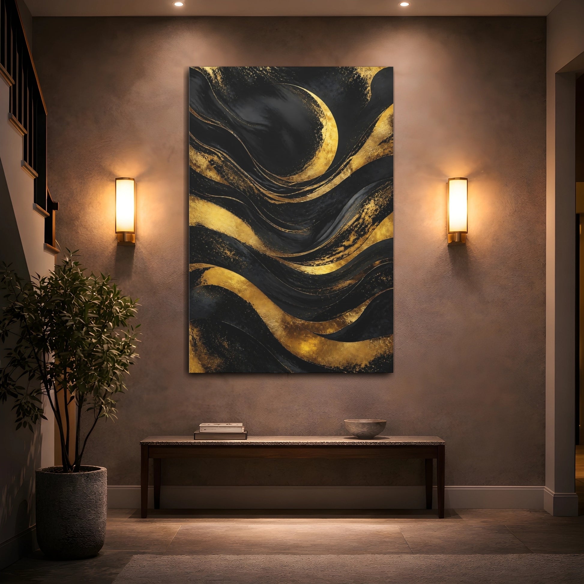 Mockup 2. Abstract Gold Crescent shown as canvas print
