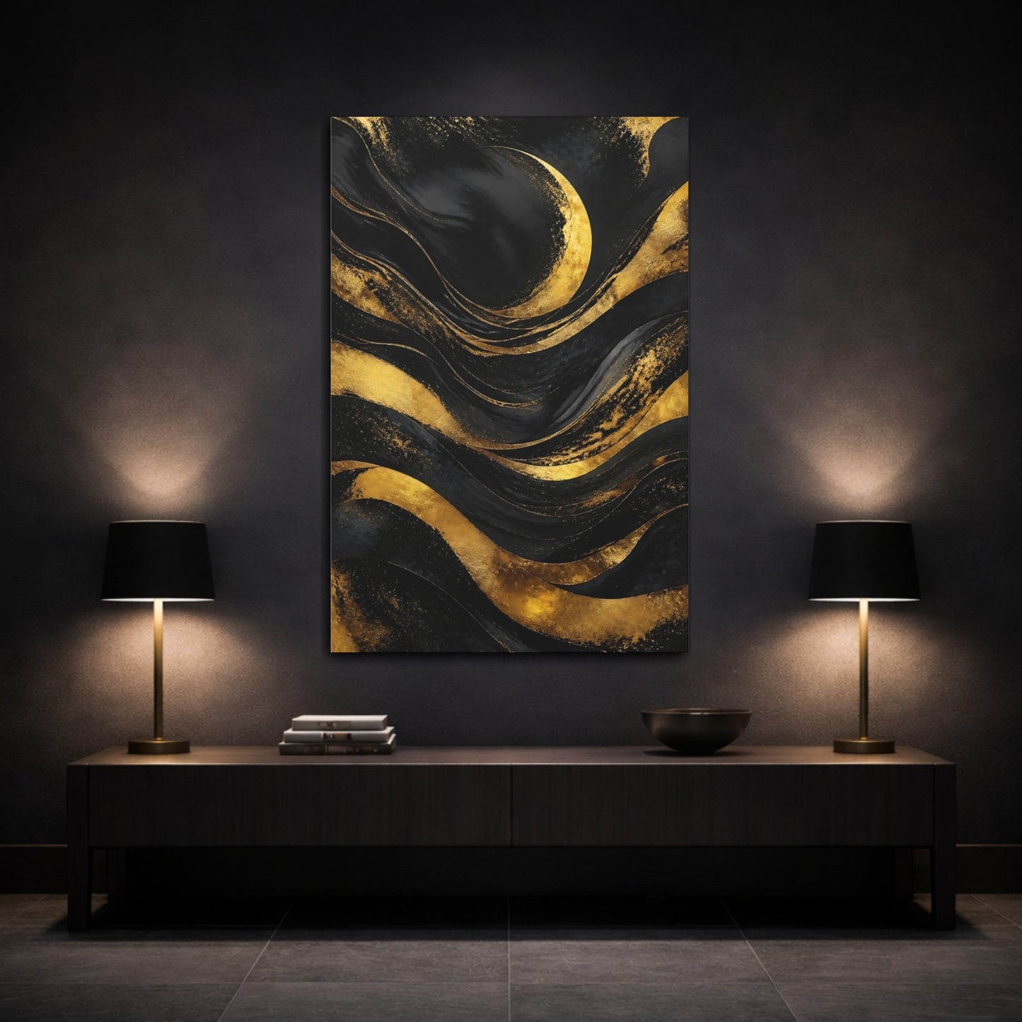 Mockup 3. Abstract Gold Crescent shown as canvas print