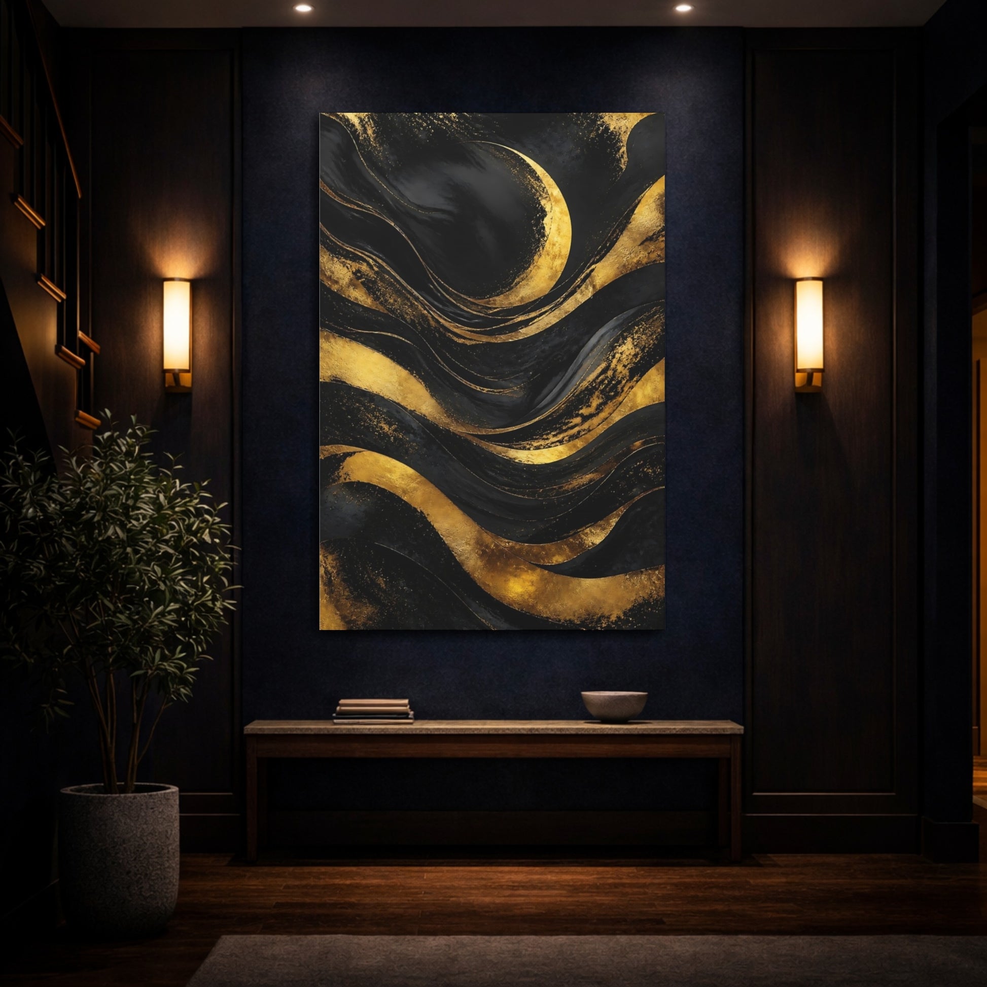 Mockup 4. Abstract Gold Crescent shown as canvas print