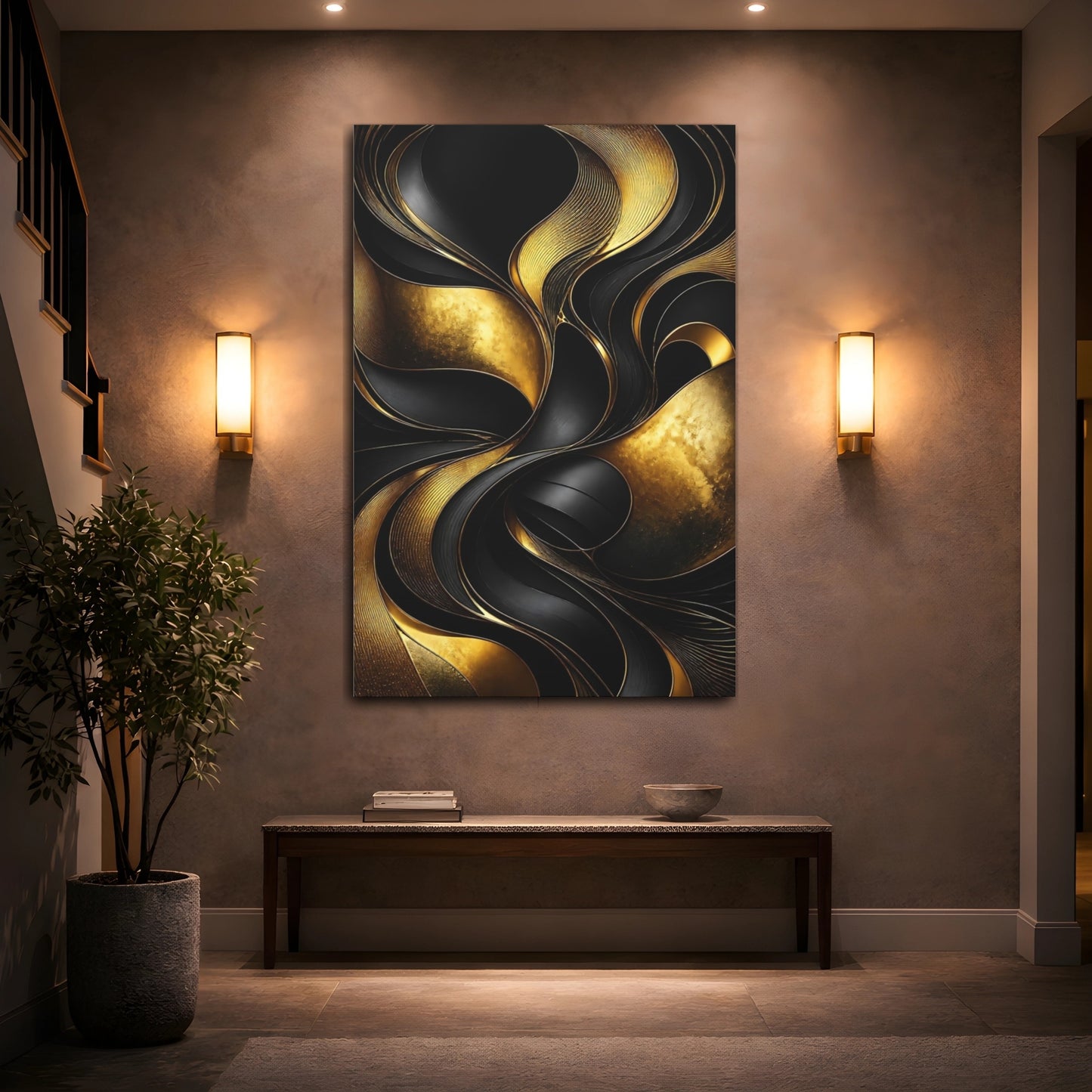 Mockup 2. Abstract Gold Curves shown as canvas print