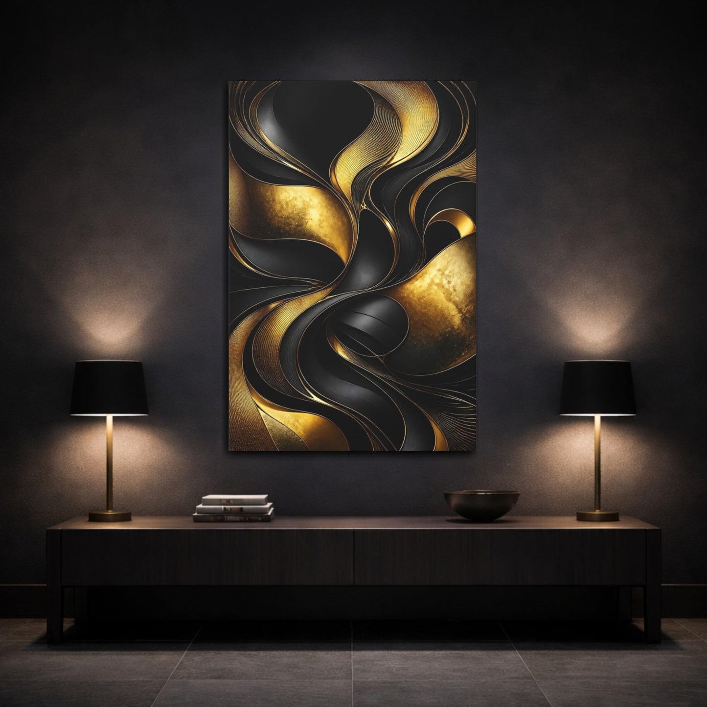 Mockup 3. Abstract Gold Curves shown as canvas print