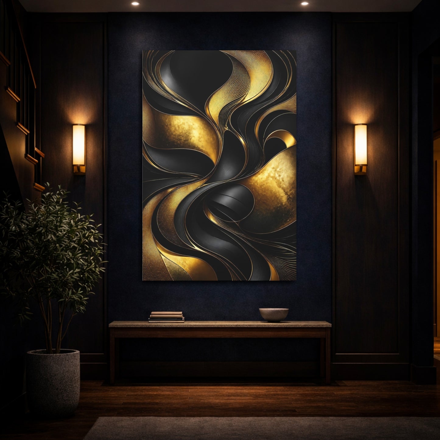 Mockup 4. Abstract Gold Curves shown as canvas print