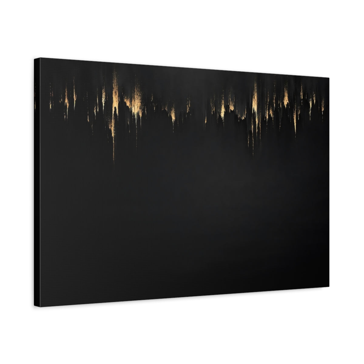 Side Mockup 2. Abstract Gold Drips Black And Gold shown as stretched canvas wall art