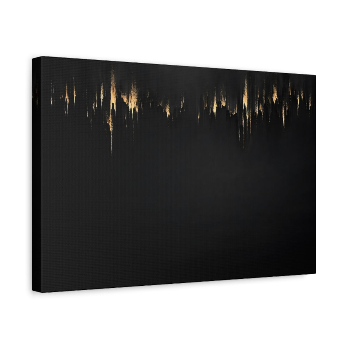 Side Mockup 4. Abstract Gold Drips Black And Gold shown as stretched canvas wall art