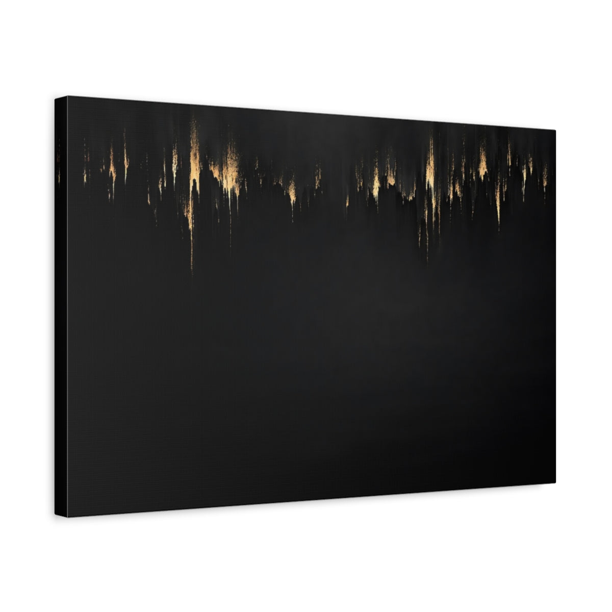 Side Mockup 3. Abstract Gold Drips Black And Gold shown as stretched canvas wall art