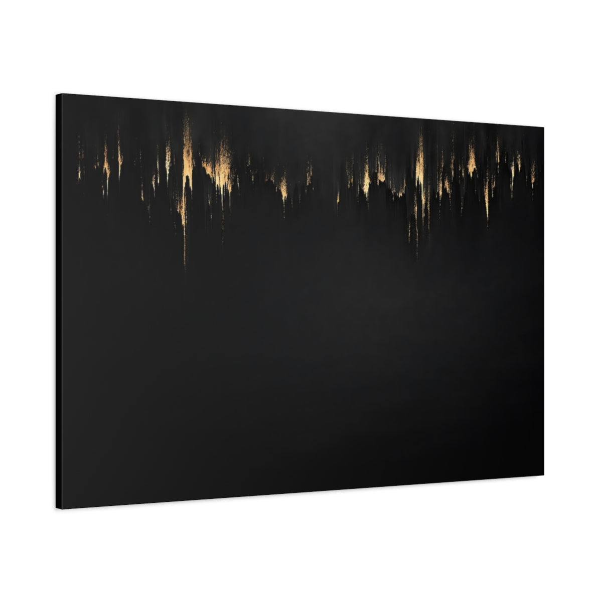 Main Mockup. Abstract Gold Drips Black And Gold shown as stretched canvas wall art