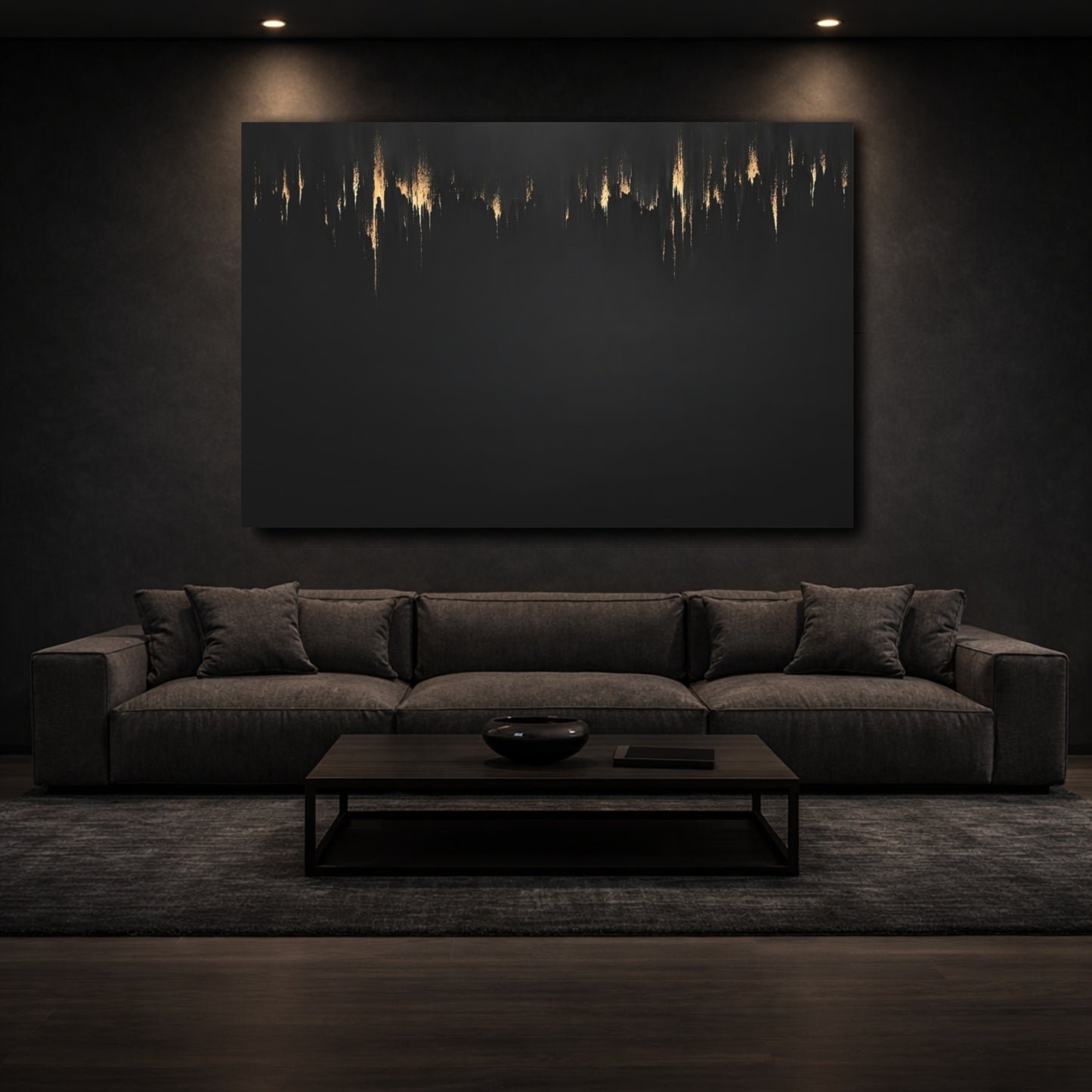 Mockup 2. Abstract Gold Drips Black And Gold shown as stretched canvas wall art