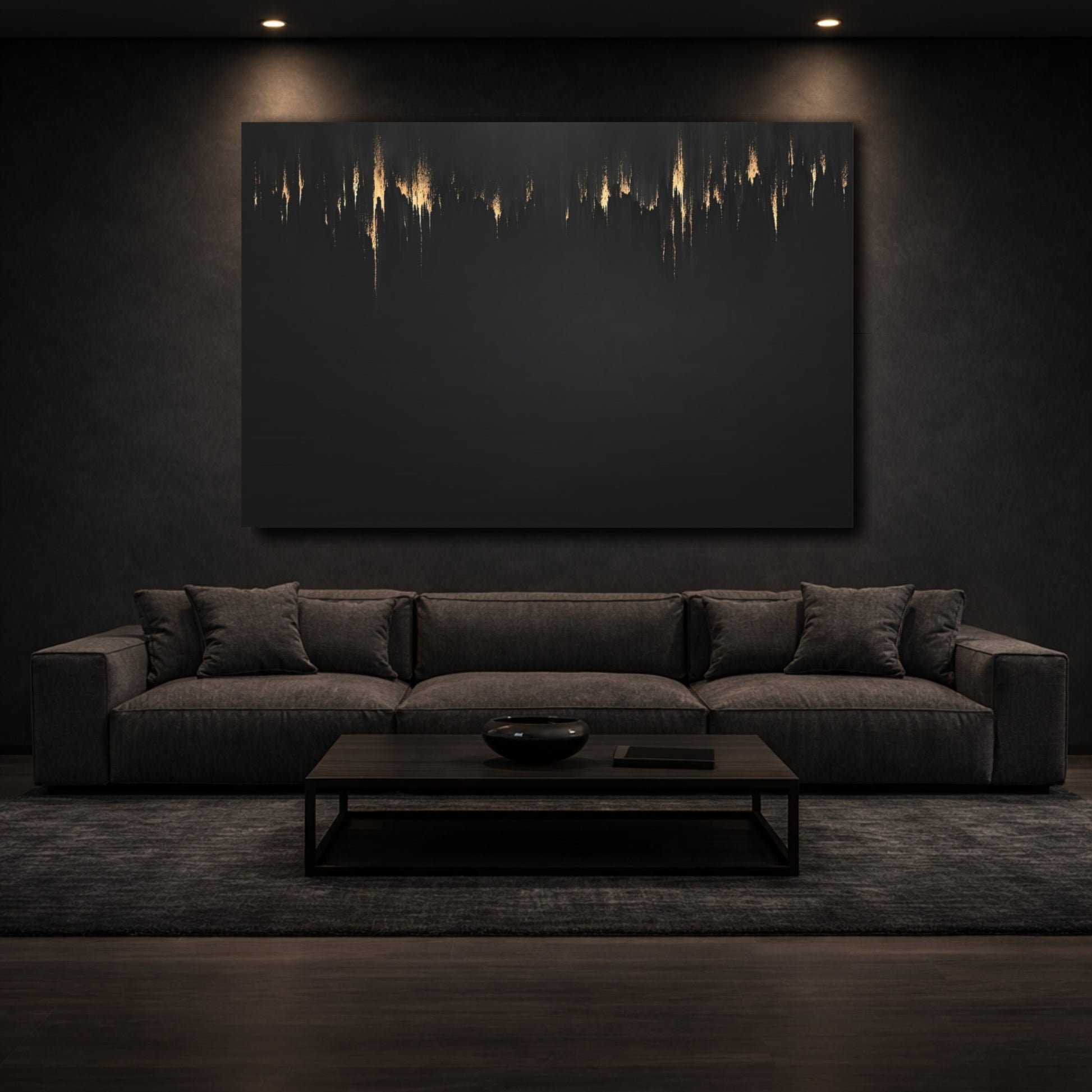 Mockup 2. Abstract Gold Drips Black And Gold shown as stretched canvas wall art