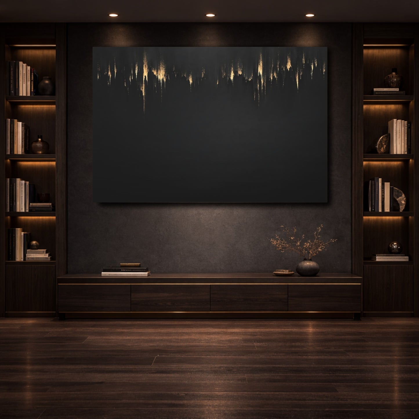 Mockup 3. Abstract Gold Drips Black And Gold shown as stretched canvas wall art