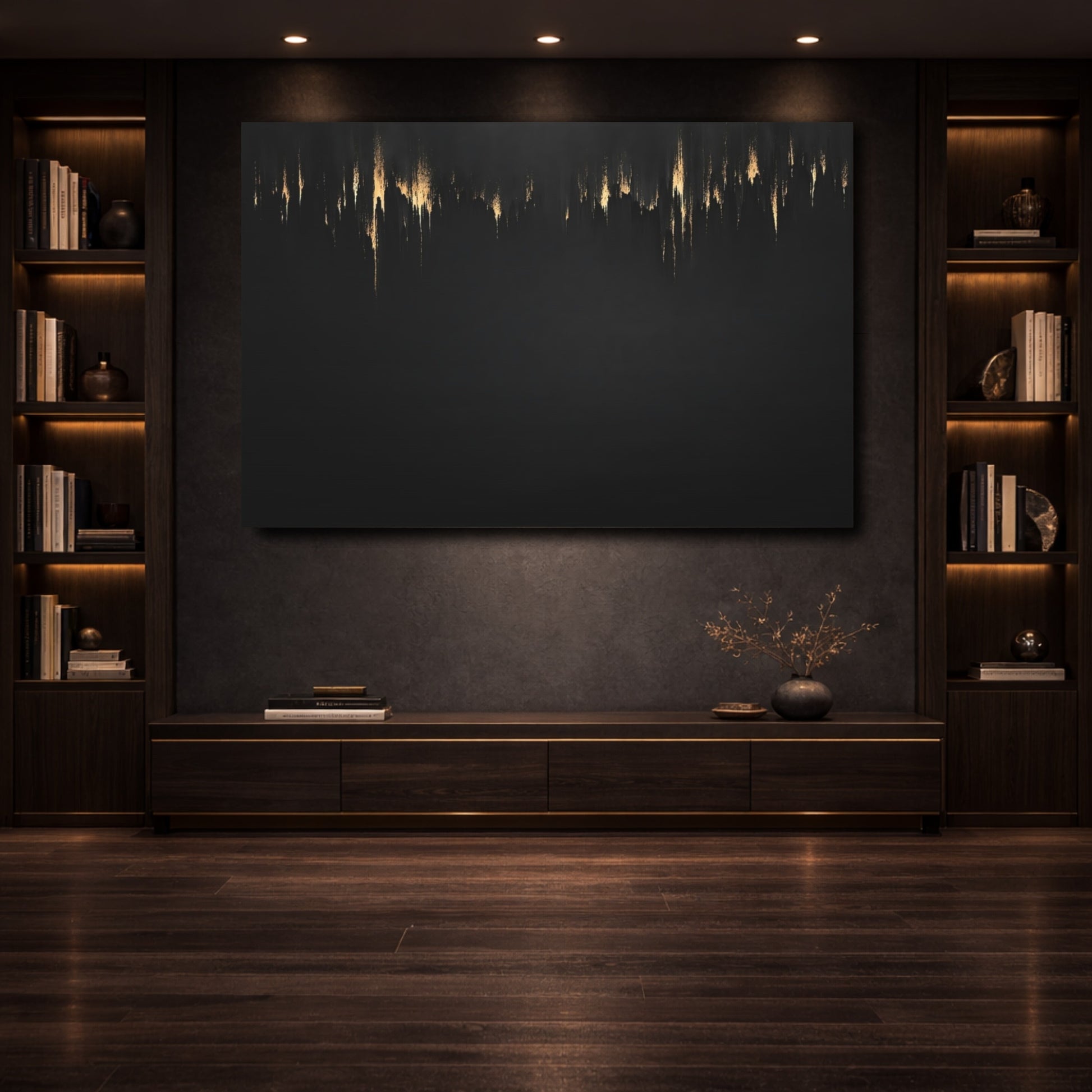 Mockup 3. Abstract Gold Drips Black And Gold shown as stretched canvas wall art