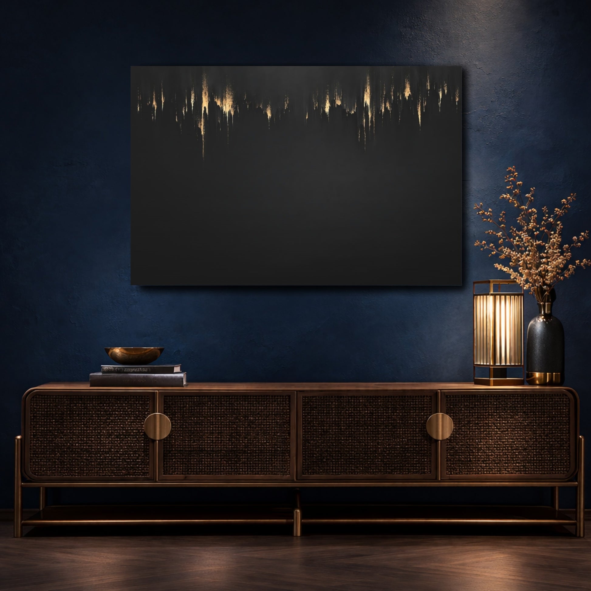 Mockup 4. Abstract Gold Drips Black And Gold shown as stretched canvas wall art