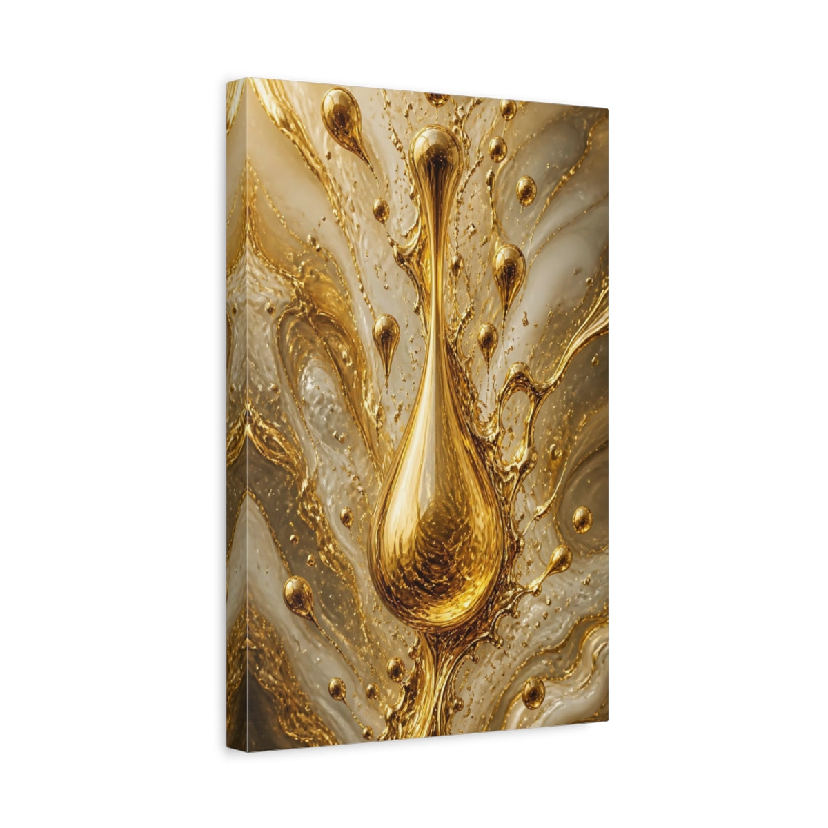 Side Mockup 4. Abstract Gold Droplet Gold And White shown as stretched canvas wall art