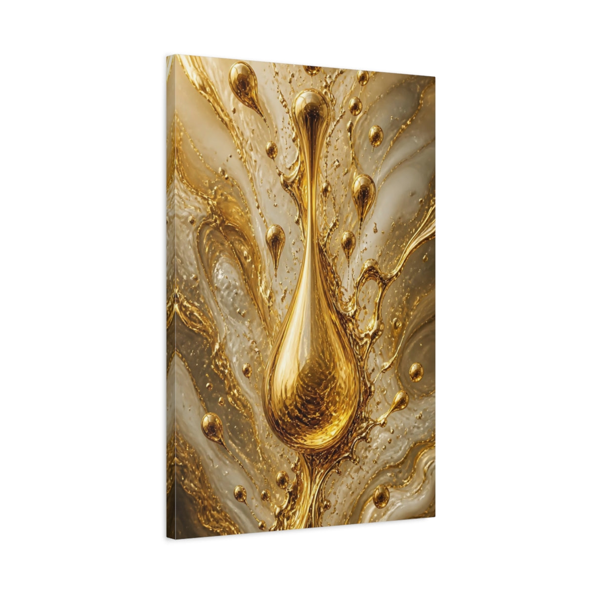 Side Mockup 2. Abstract Gold Droplet Gold And White shown as stretched canvas wall art