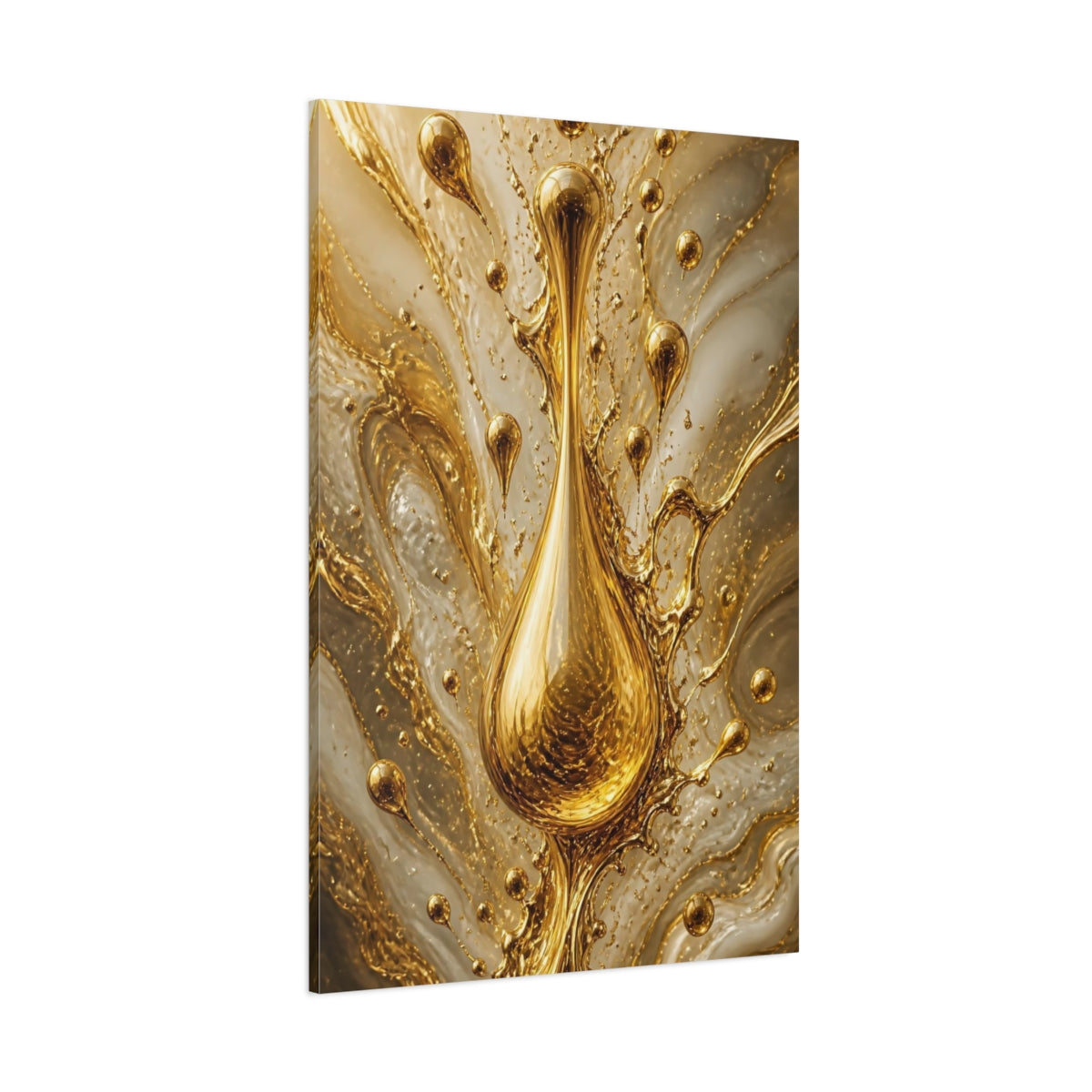 Side Mockup 1. Abstract Gold Droplet Gold And White shown as stretched canvas wall art