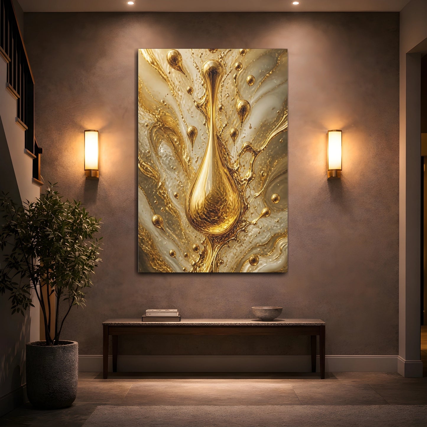 Mockup 2. Abstract Gold Droplet Gold And White shown as stretched canvas wall art