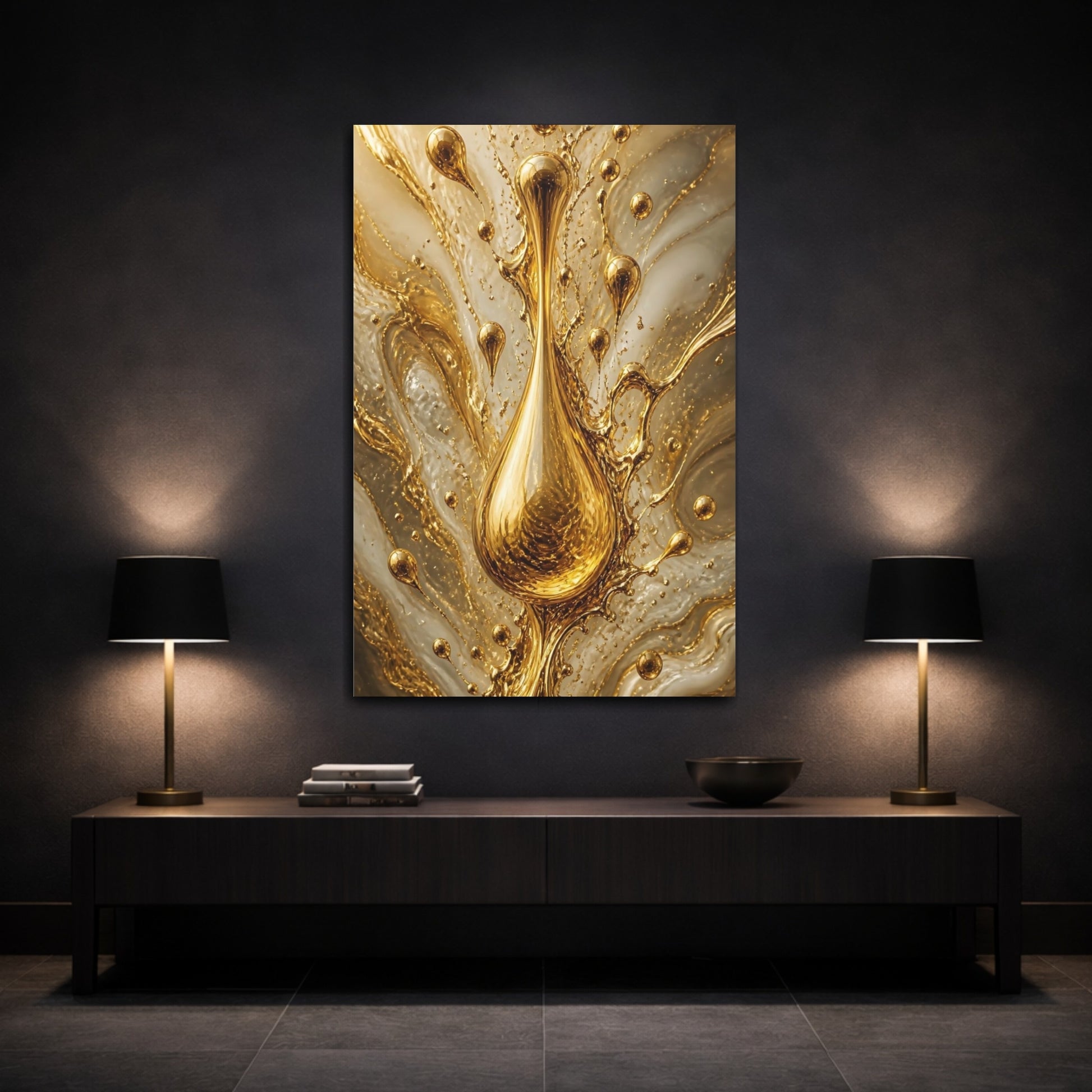 Mockup 3. Abstract Gold Droplet Gold And White shown as stretched canvas wall art