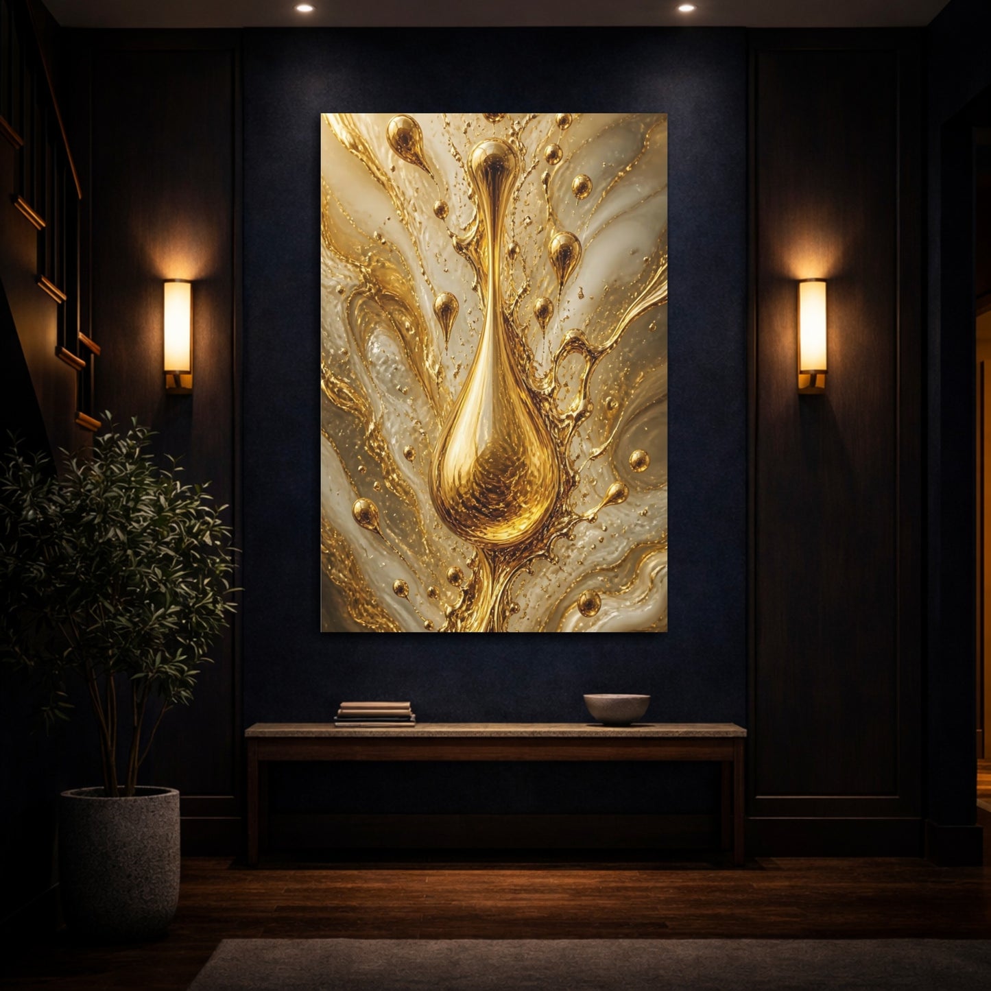 Mockup 4. Abstract Gold Droplet Gold And White shown as stretched canvas wall art