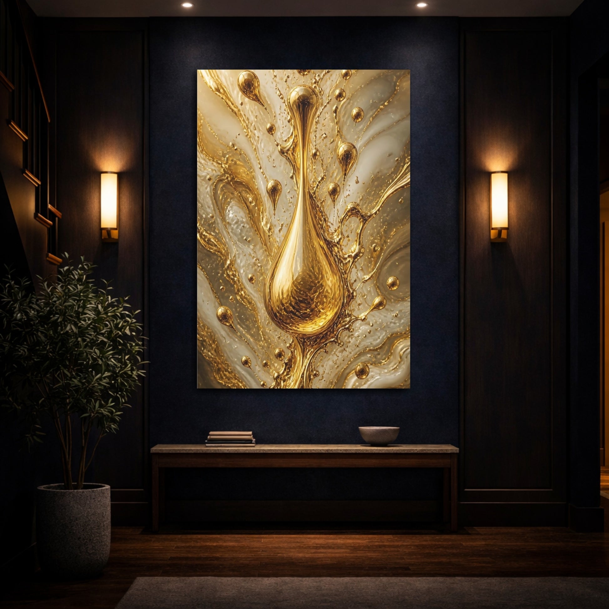Mockup 4. Abstract Gold Droplet Gold And White shown as stretched canvas wall art