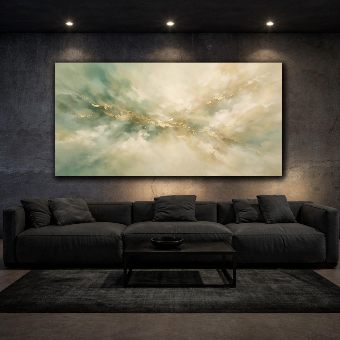 Mockup 2. Abstract Gold Flow Teal Gold Abstract shown as stretched canvas wall art