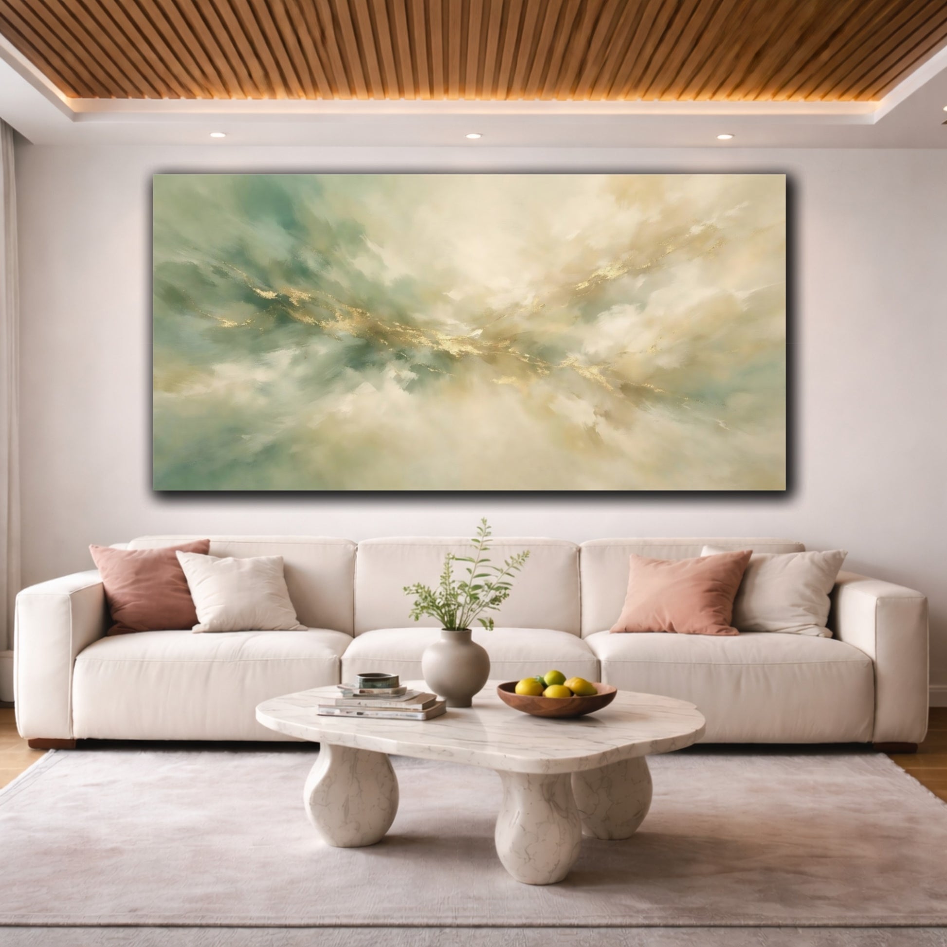Mockup 3. Abstract Gold Flow Teal Gold Abstract shown as stretched canvas wall art