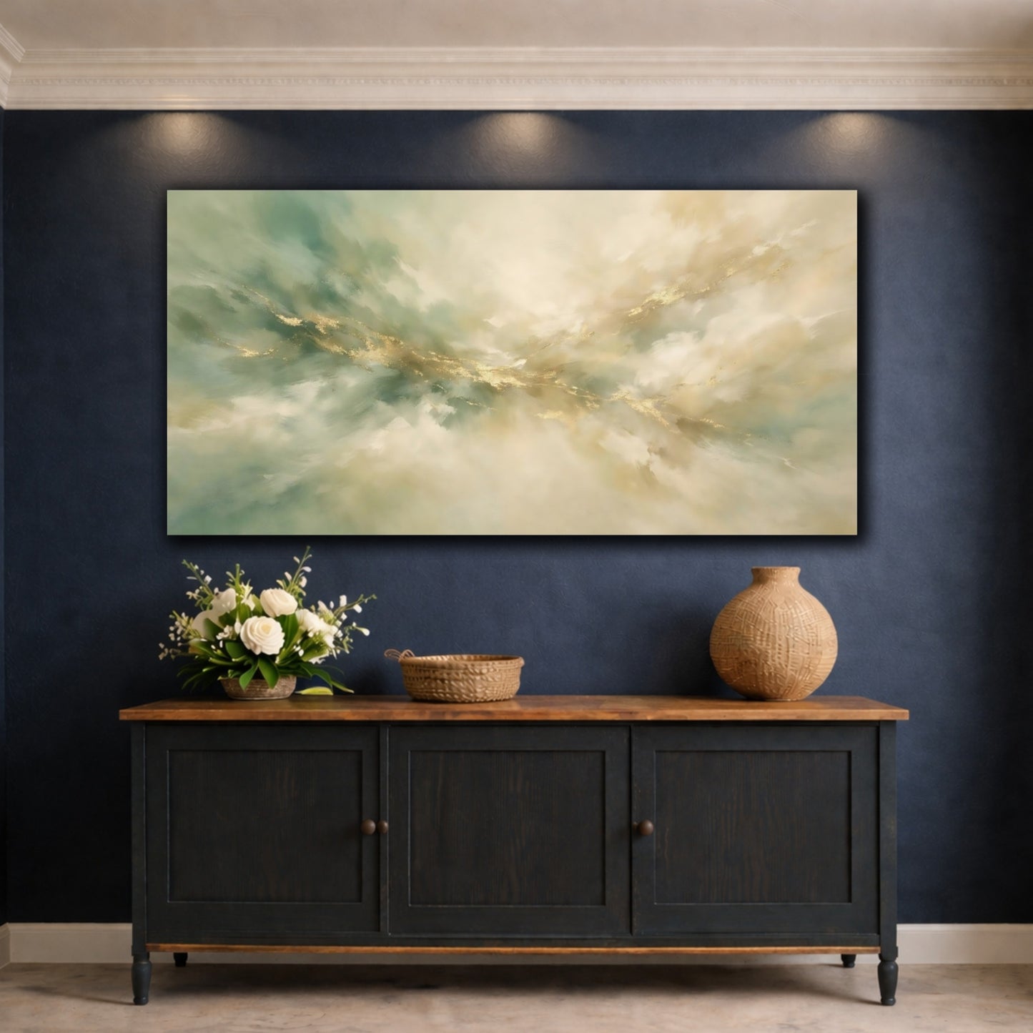 Mockup 4. Abstract Gold Flow Teal Gold Abstract shown as stretched canvas wall art