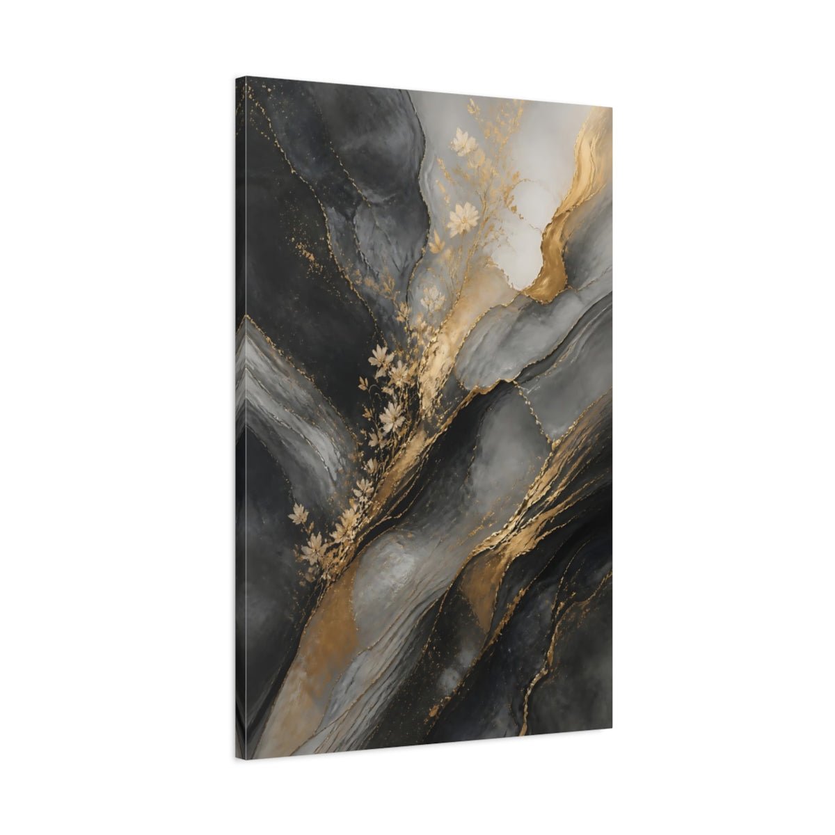 Abstract Gold Flowers And Gray Canvas Print – Living Room, Above Console Table, - YesArtYes