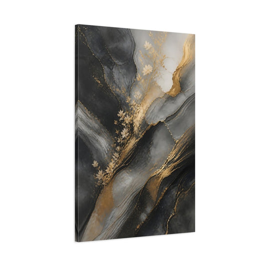 Abstract Gold Flowers And Gray Canvas Print – Living Room, Above Console Table, - YesArtYes