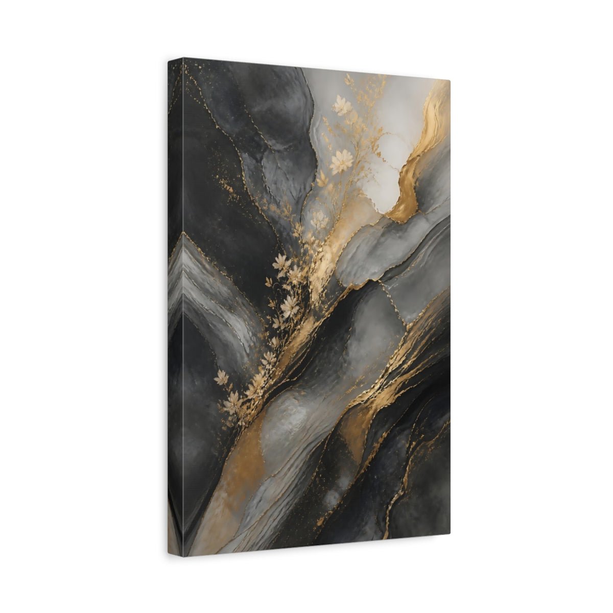 Abstract Gold Flowers And Gray Canvas Print – Living Room, Above Console Table, - YesArtYes